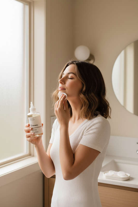 Femme dans salle de bain tenant la Solution Tonique The Ordinary avec un coton