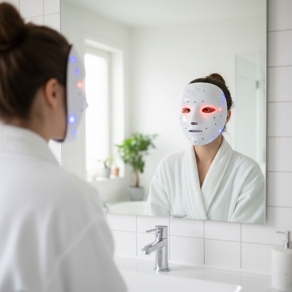 Femme portant le masque LED visage à domicile avec lumières LED visibles