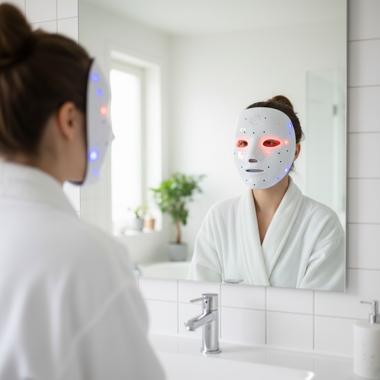 Femme portant le masque LED visage à domicile avec lumières LED visibles